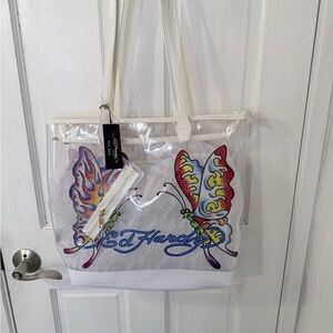 Ed Hardy Clear Tote with White Trim and Multicolor Butterfly Design